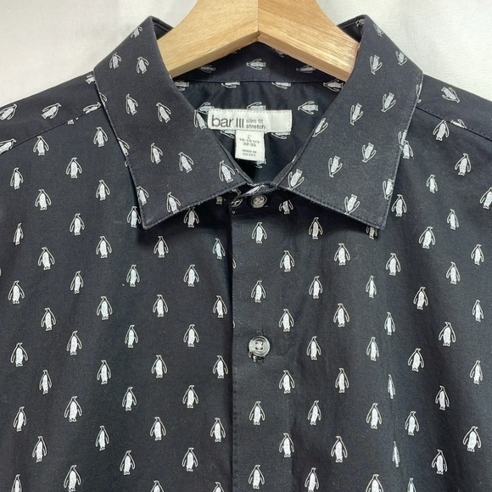 🐝 bar lll slim fit stretch large 16 to 16.5 black penguin print dress shirt